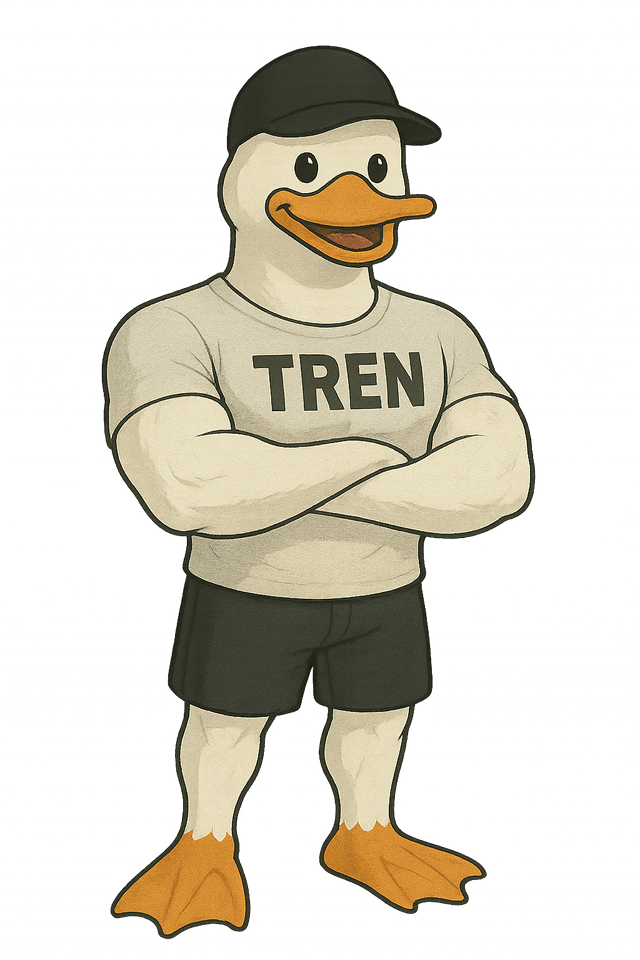 Musculous duck wearing a t-shirt spelling TREN also called Trente