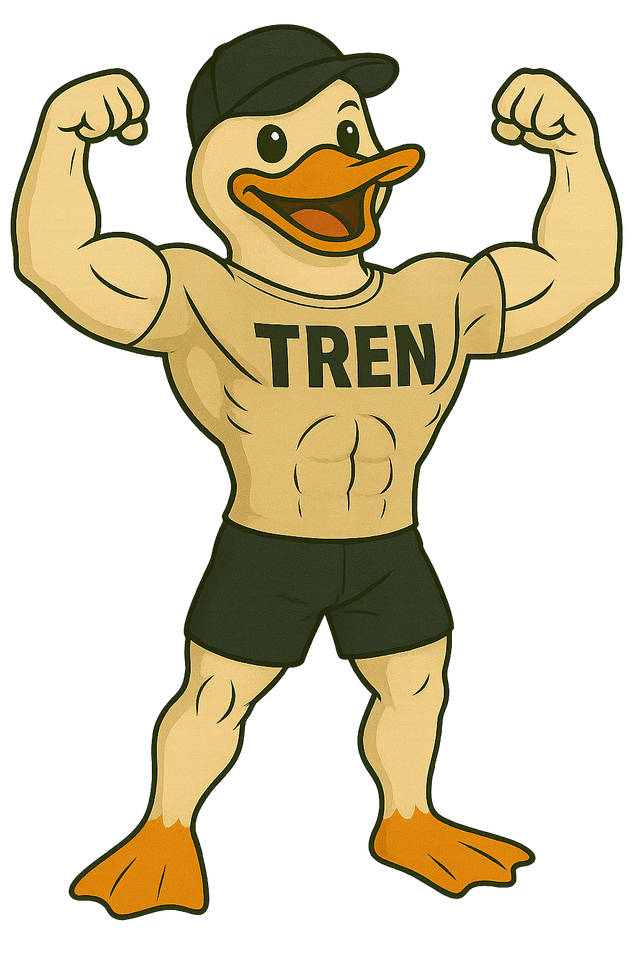 Musculous duck posing flexing his biceps at the top